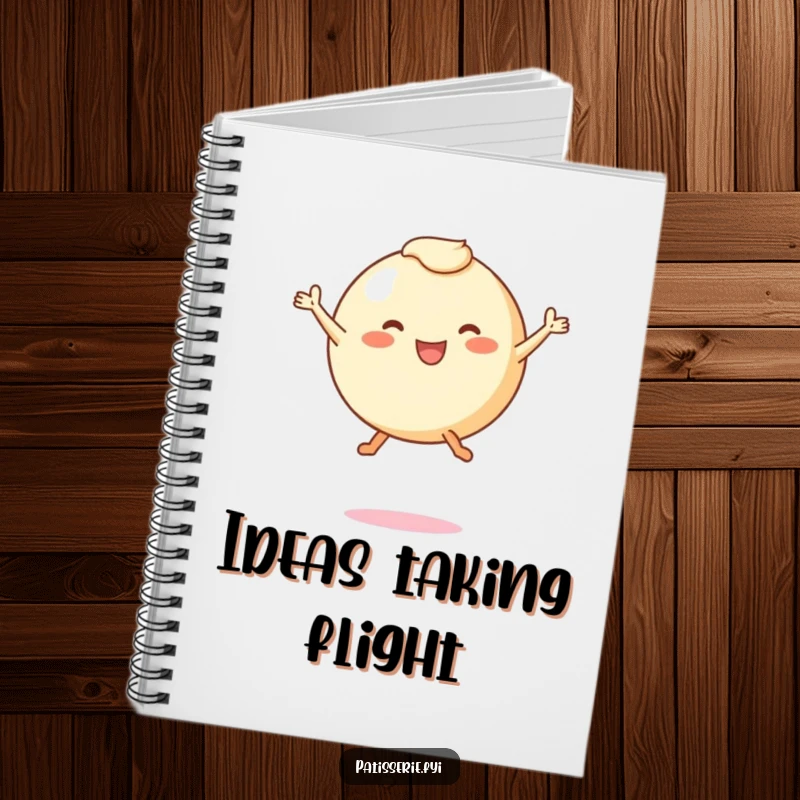 Funny notebook with a round pastry character with tiny legs joyfully leaping mid-air, perfect for capturing ideas with enthusiastic flair.