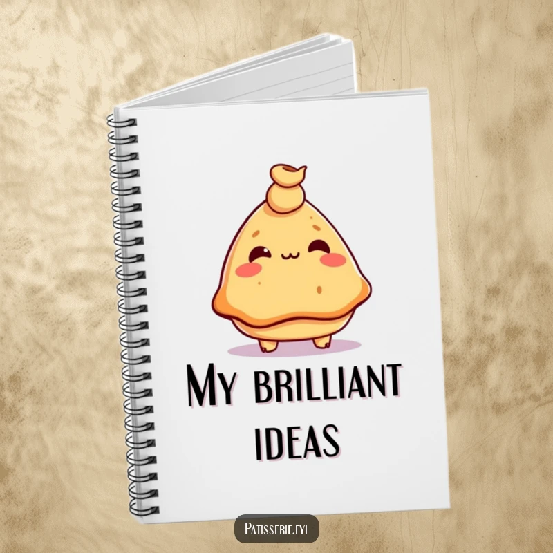 Funny samosa notebook, mischievous, balancing a chickpea on its nose, perfect for notes, humorous stationery.