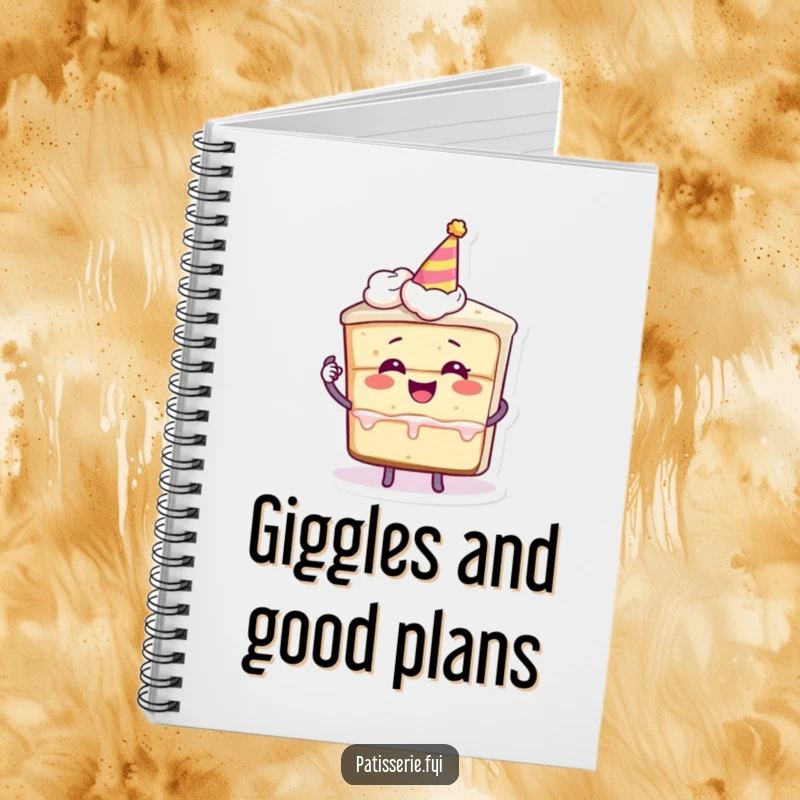 Funny notebook with a slice of cake character giggling, holding a miniature party hat, perfect for capturing ideas with festive flair.