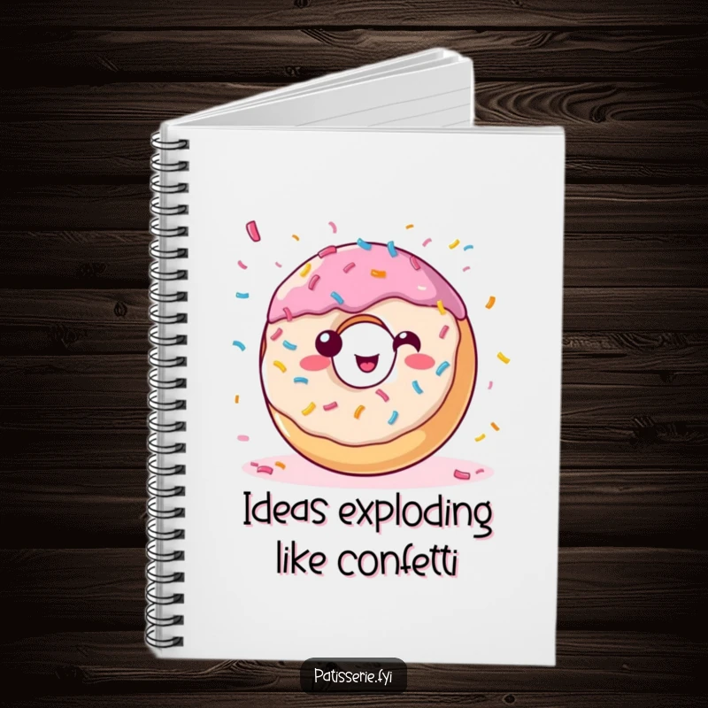 Funny donut notebook featuring a happy, sprinkle-covered pastry throwing confetti, ideal for planning parties humorously.