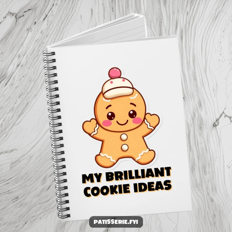 Funny gingerbread cookie notebook featuring a smiling character waving hello, wearing a jaunty cap, ideal for jotting down creative ideas.