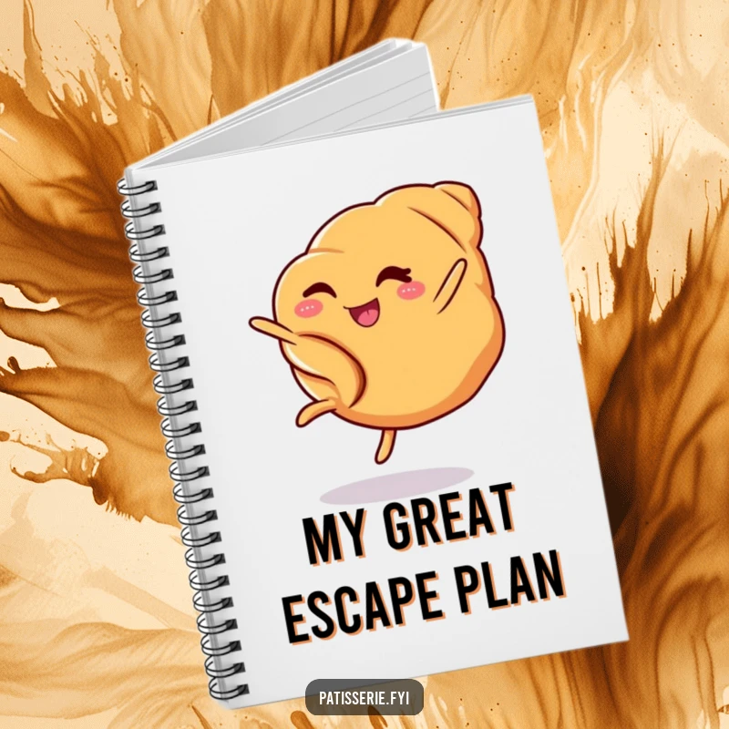 Funny croissant notebook featuring a winking pastry mid-cartwheel, ideal for capturing notes and creative thoughts humorously.