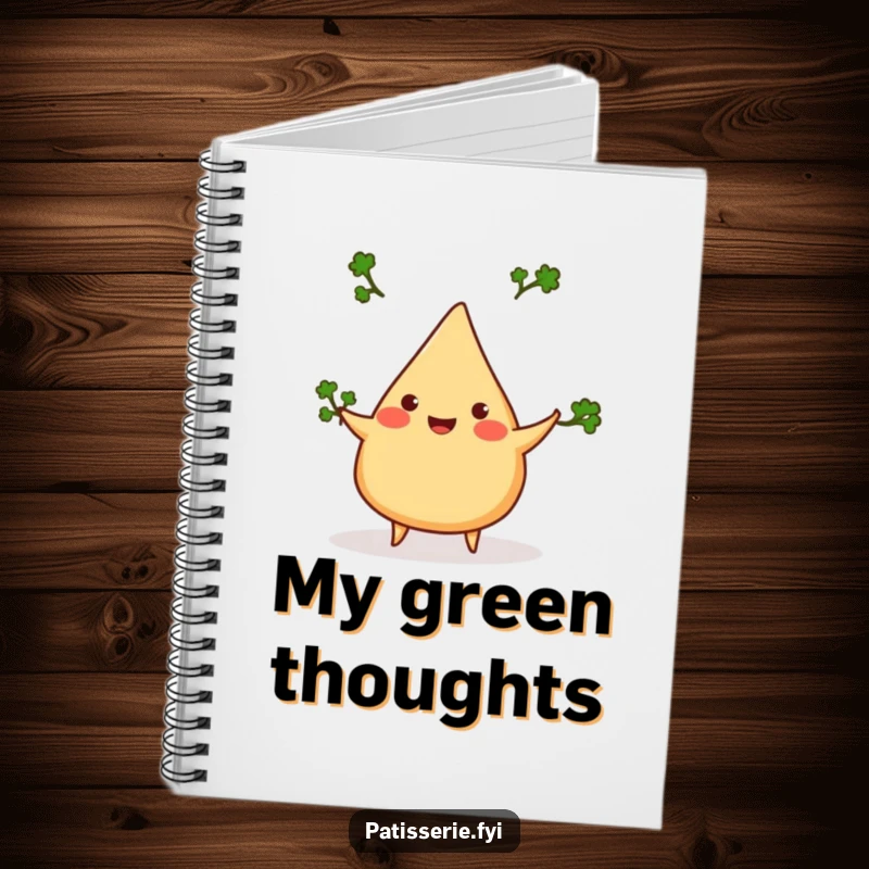 Funny samosa notebook, cheerful, juggling three tiny cilantro sprigs, perfect for notes, humorous stationery.