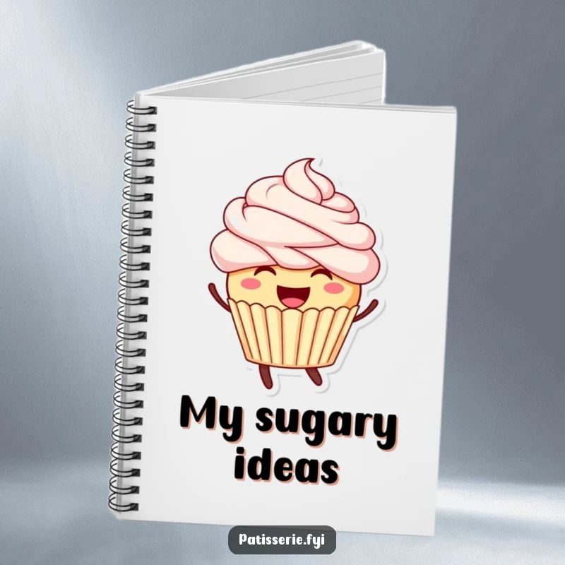 Funny notebook cover showcasing a smiling cupcake with its frosting hair styled in a joyous leap, perfect for notes.