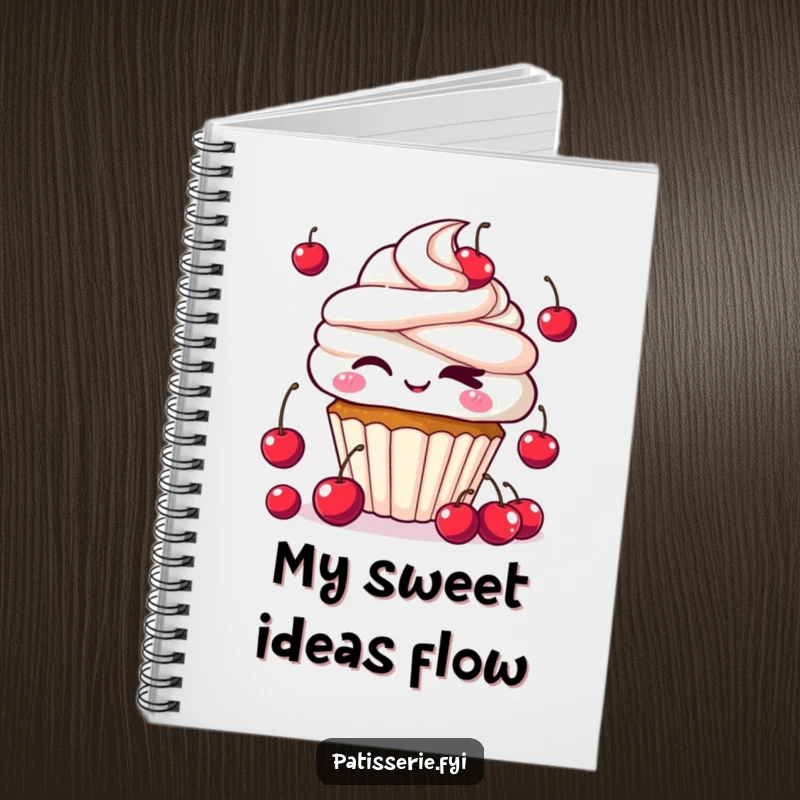 Funny Kawaii Cupcake Notebook with a cute cupcake winking and juggling cherries, inspiring sweet notes and creative ideas.