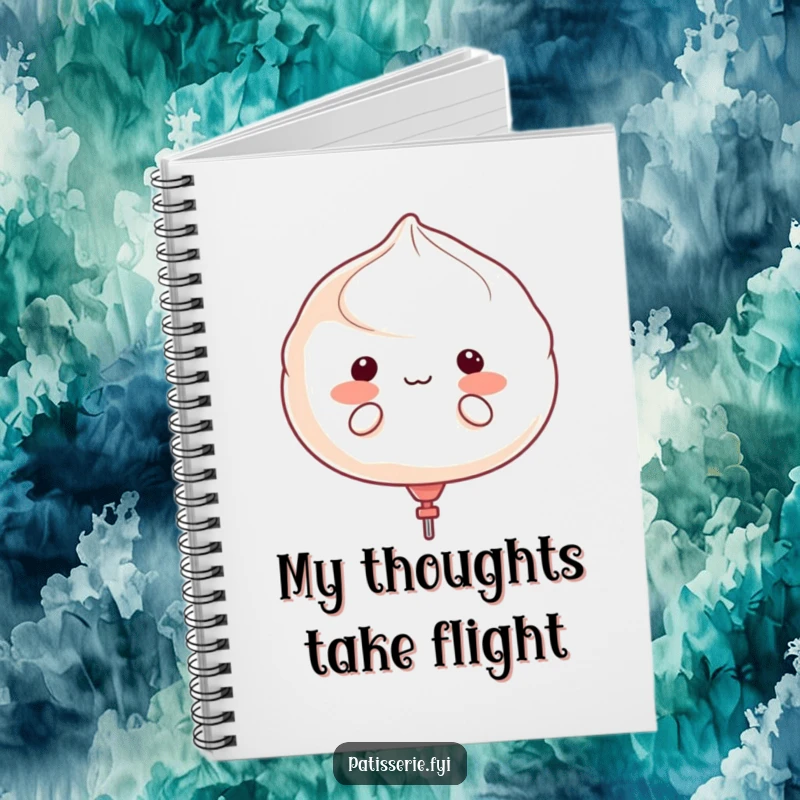 Funny meringue character puffing cheeks like a balloon, about to float away, featured on the cover of a notebook.
