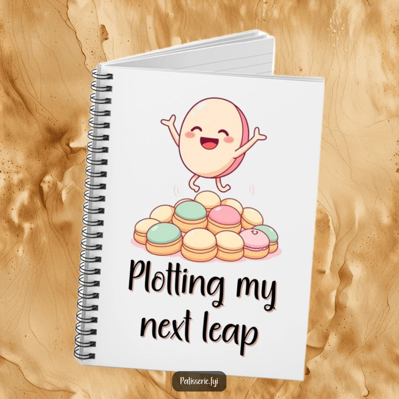 Funny macaron notebook with a smiling macaron character joyfully leaping over a pile of cream puffs, ready for notes.