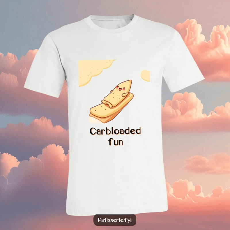 Funny T-Shirt of a jolly samosa comically sliding down a ramp constructed from pita bread, a celebration of snack joy.