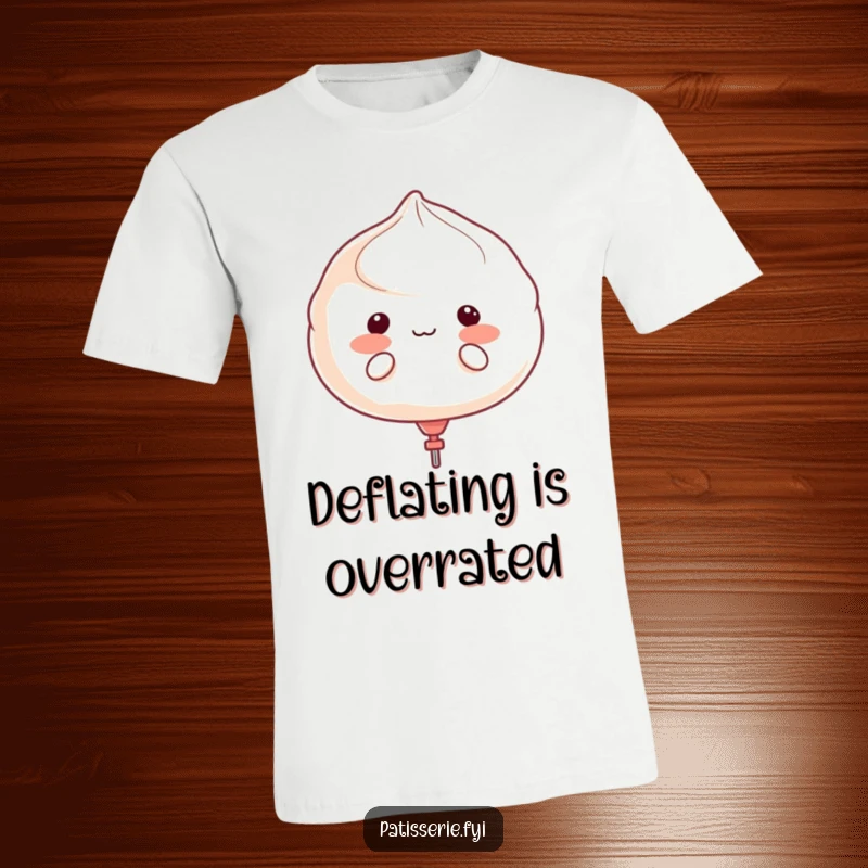 Funny meringue character puffing cheeks like a balloon, about to float away, printed on a comfortable t-shirt.