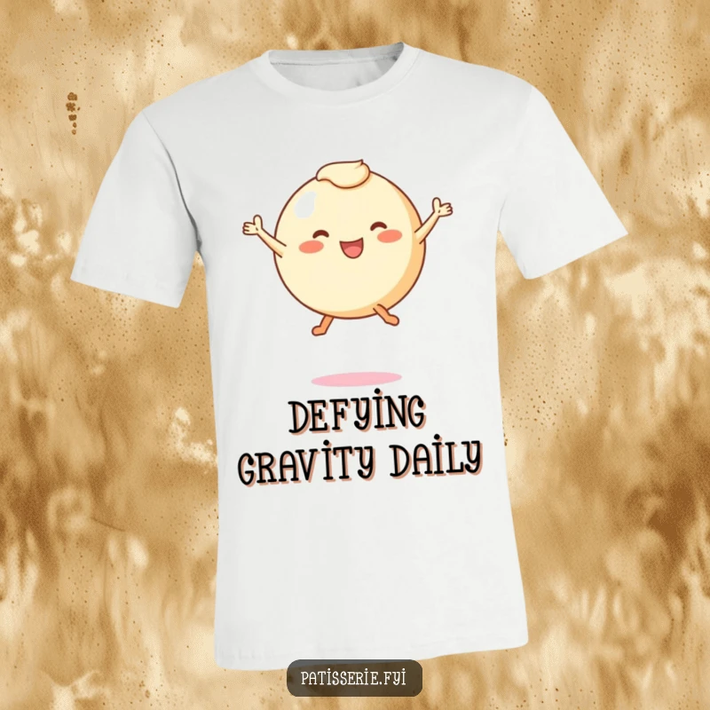 Funny t-shirt showcasing a round pastry character with tiny legs joyfully leaping, mid-air, radiating pure excitement and a love for fun.