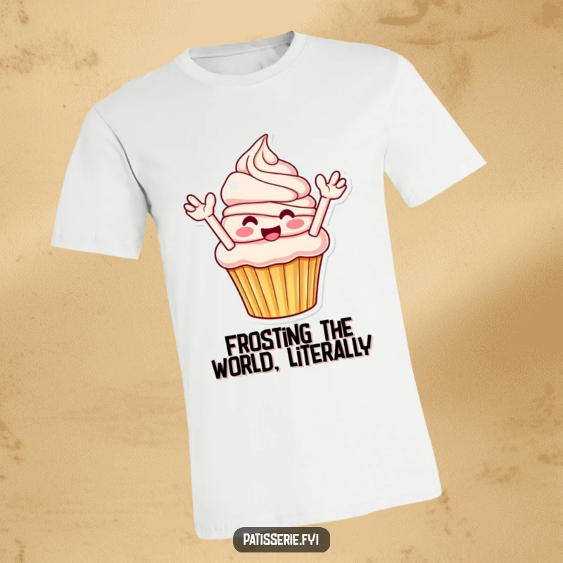 Funny Cupcake T-Shirt: A smiling cupcake joyfully flings frosting, capturing a moment of sweet, funny celebration.