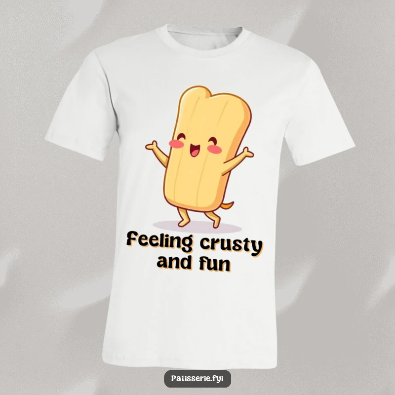 Funny baguette t-shirt featuring a cheerful character doing a silly little jig, perfect for spreading dancing vibes.