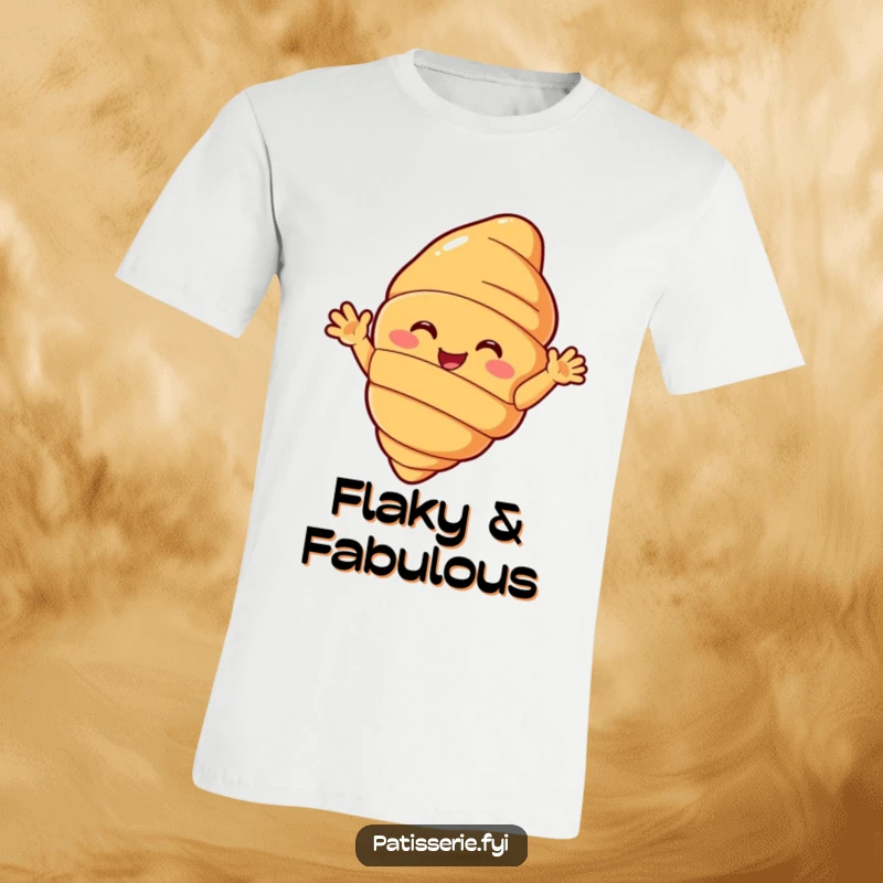 Funny croissant t-shirt showcasing an enthusiastically beaming pastry character waving hello with its tiny arms, a fun gift for food lovers.