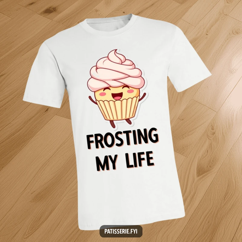 Funny t-shirt depicting a happy cupcake with vibrant frosting hair mid-leap, radiating infectious, sweet energy.