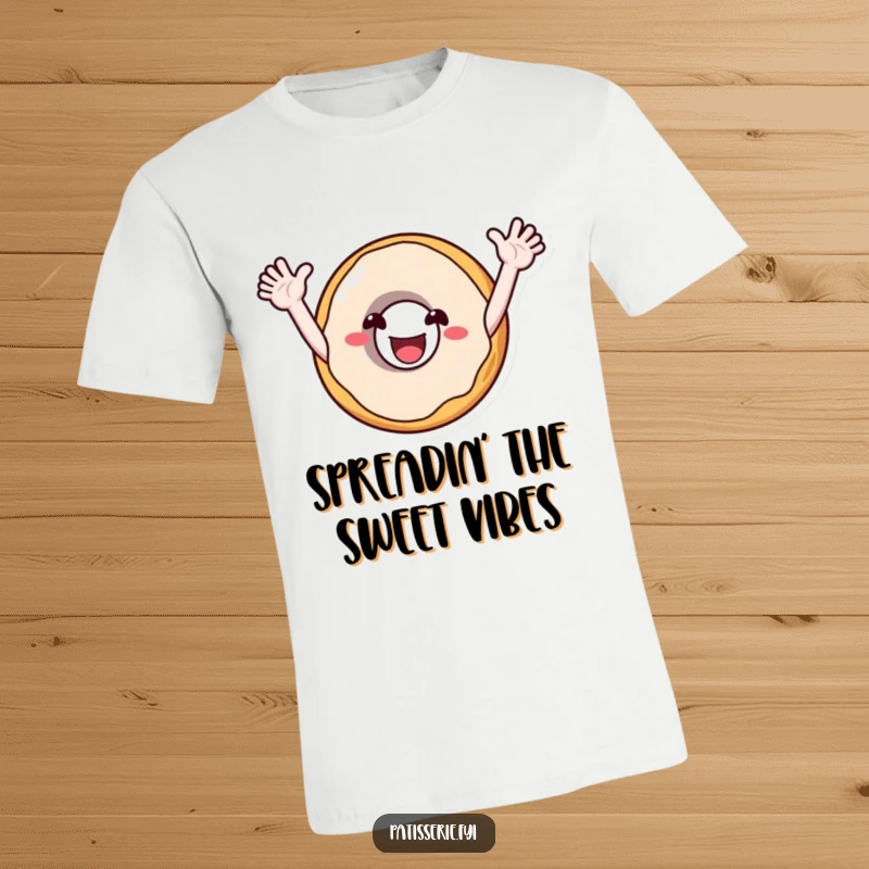 Funny t-shirt featuring a smiling donut character with arms outstretched, cheering enthusiastically, radiating happiness and sweet energy.