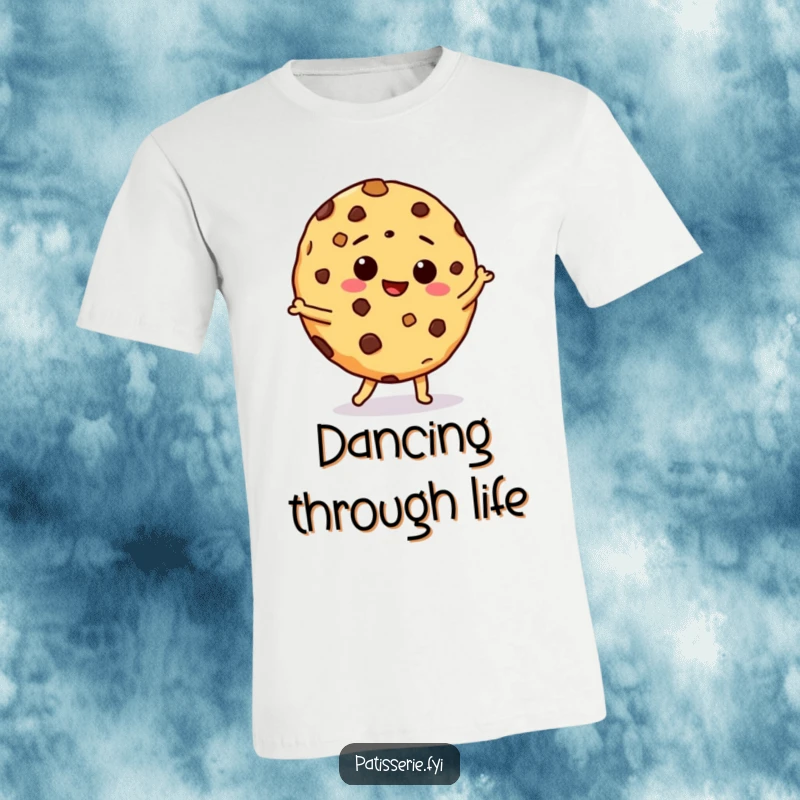 Funny cookie t-shirt featuring a giddy chocolate chip cookie in a silly, energetic dance pose, bringing humorous vibes and joy.