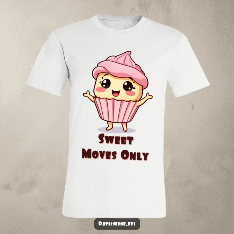 Funny giddy cupcake t-shirt depicting a dancing dessert character with wide eyes, perfect for spreading laughter and cheer.
