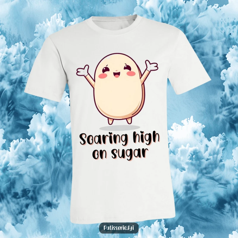 Funny Macaron T-Shirt showcasing a delightful macaron character leaping with pure ecstasy and outstretched arms, embodying sheer happiness.