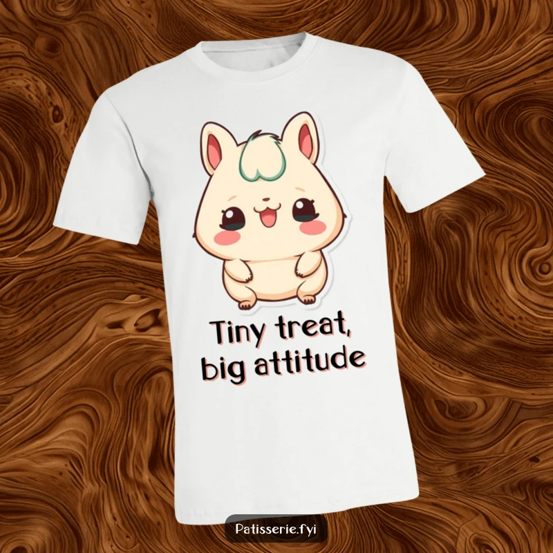Funny t-shirt depicting a petit four character sticking its tongue out playfully, exuding cheeky charm.