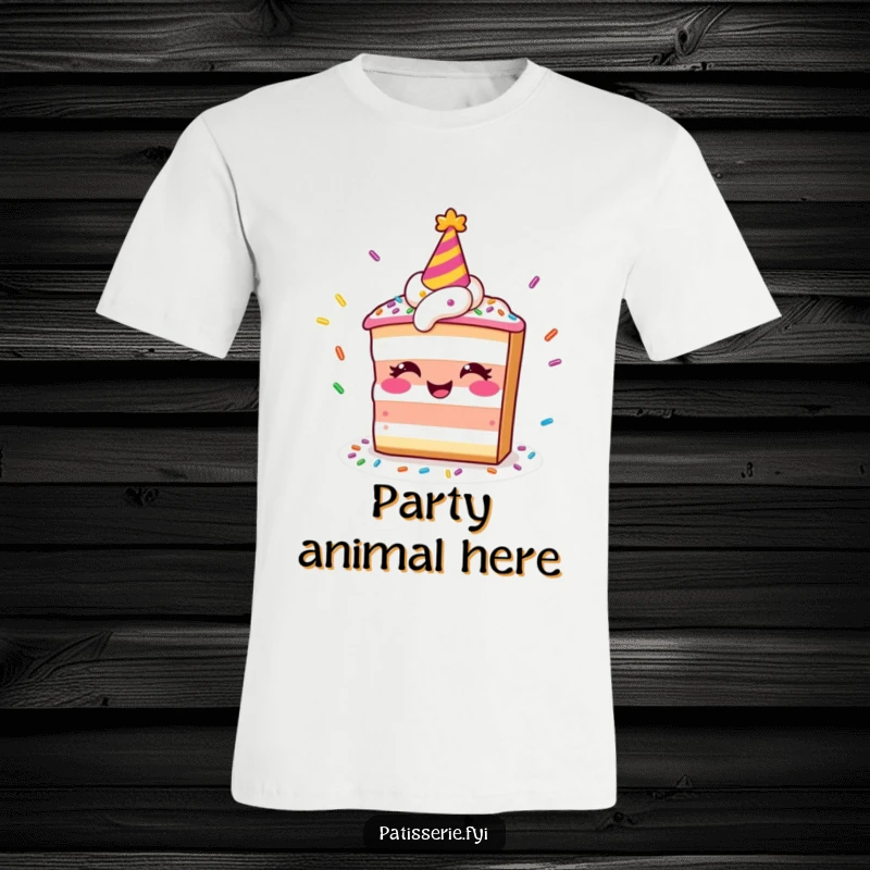 Funny t-shirt showing a smiling slice of cake with a party hat juggling a cascade of colorful sprinkles joyfully.