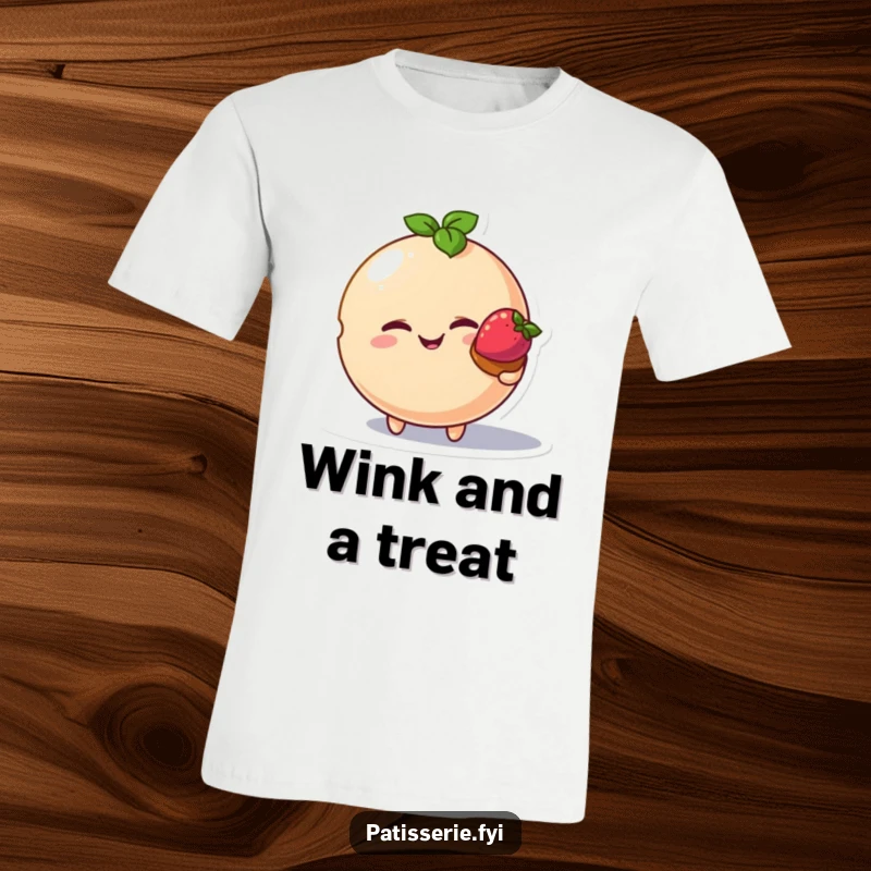 Funny macaron bird t-shirt, winking macaron character, offering tart, humorous dessert apparel, cute food design.