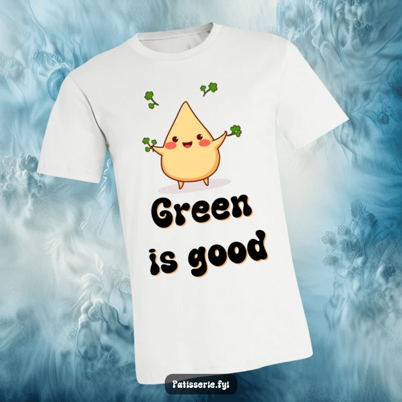Funny samosa t-shirt, cheerful, juggling three tiny cilantro sprigs, vibrant Indian food humor, excellent gift.
