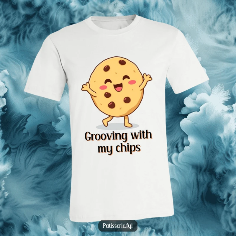 Funny cookie t-shirt depicting a giddy, chocolate chip cookie doing a hilariously silly dance, radiating pure fun.