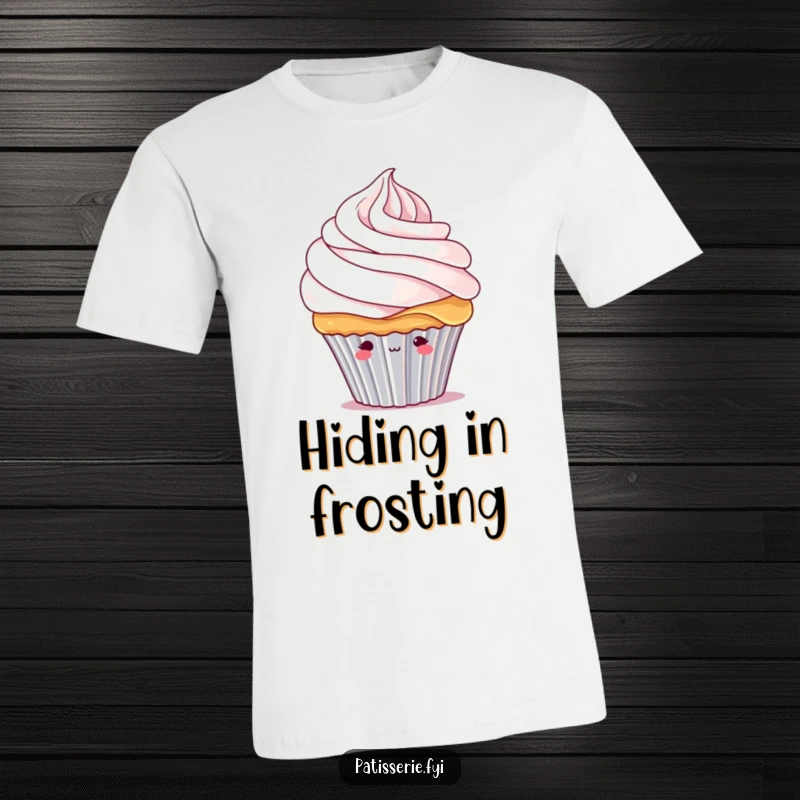 Funny shy cupcake t-shirt with a timid cupcake character hiding under a massive dollop of whipped cream, looking bashful.