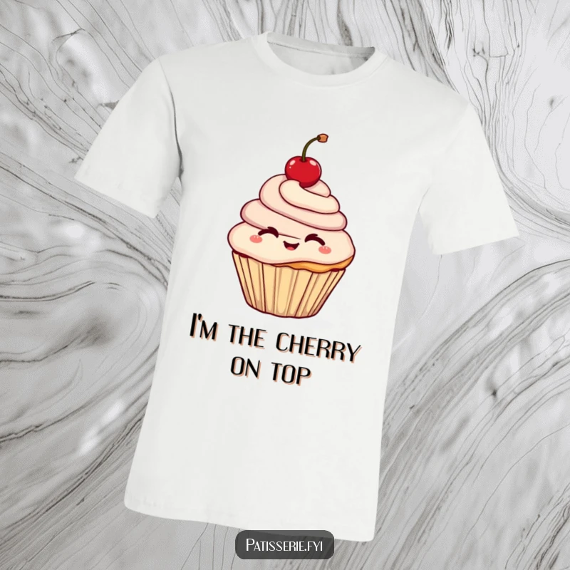 Funny t-shirt featuring a cheerful cupcake character giving a wink while holding a shiny red cherry high, exuding playful charm.