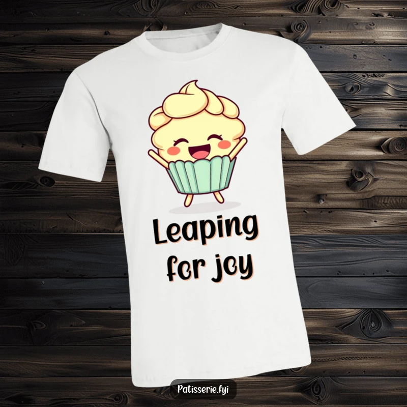 Funny cupcake t-shirt showing a smiling cupcake with frosting hair joyfully leaping with excitement.