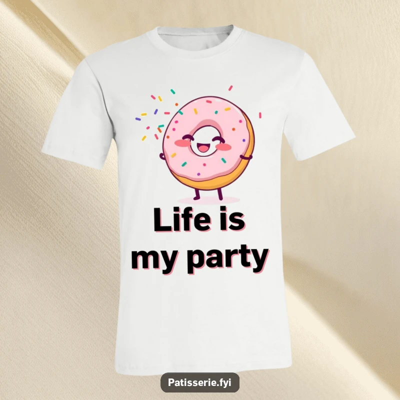 Funny Donut T-Shirt showing a giggling donut character showering colorful sprinkles like confetti, a symbol of pure, unadulterated joy.