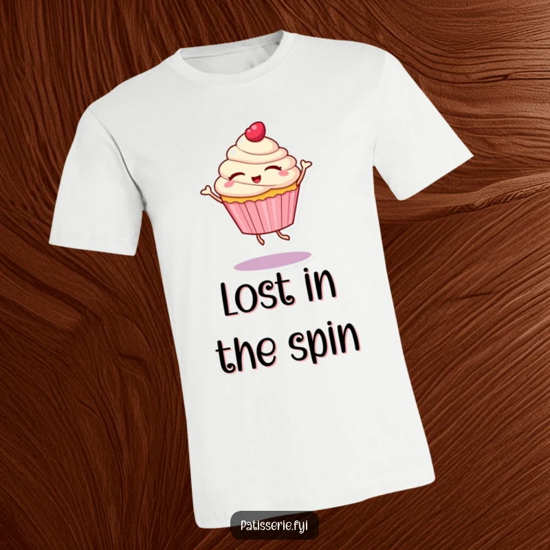 Funny t-shirt featuring a cupcake character with eyes closed, spinning in a delightful dance, radiating pure joy and sweet movements.