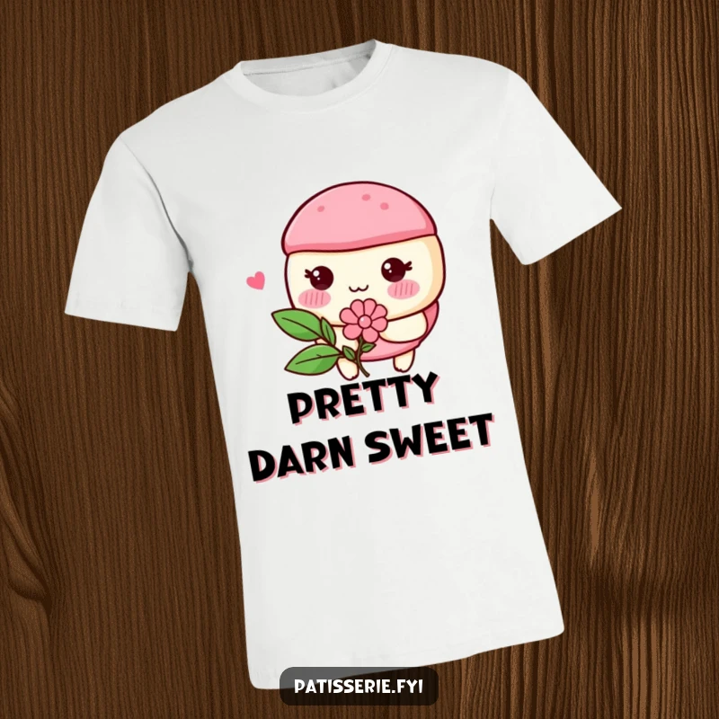 Funny macaron character with rosy cheeks blushing and holding a flower, ideal for a cute and humorous t-shirt.