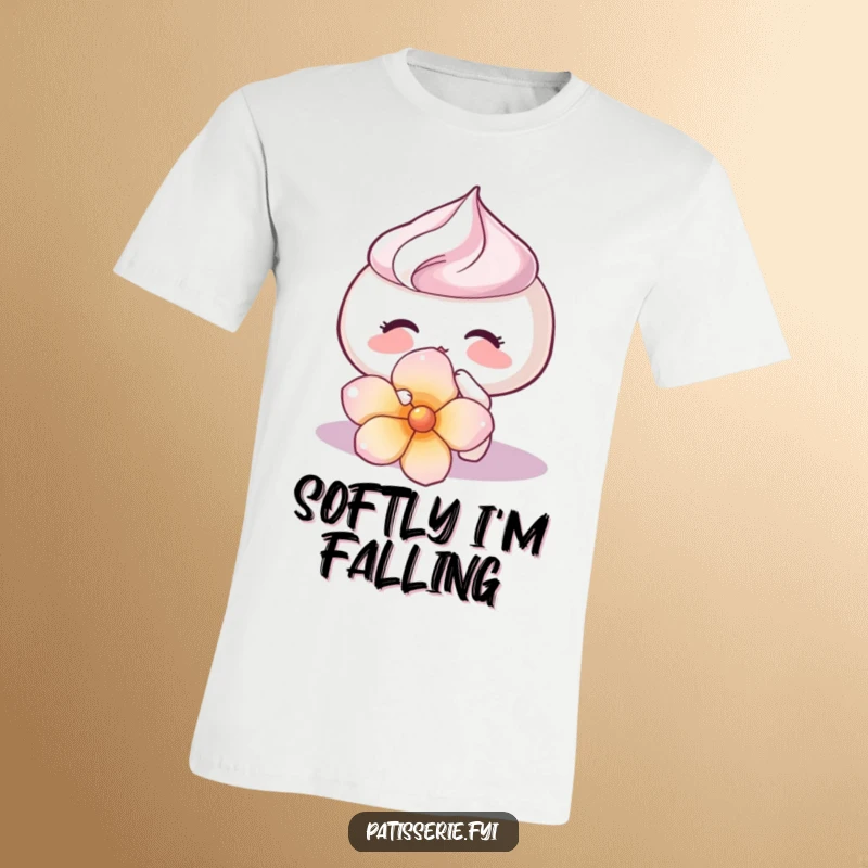 Funny Meringue Kiss T-Shirt showing a cute meringue gently kissing a flower petal, a sweet and funny gift.