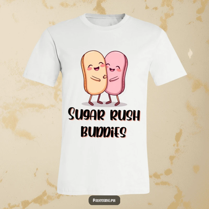 Funny t-shirt with a giggling macaron pair on little legs sharing a warm, happy hug, incredibly sweet.
