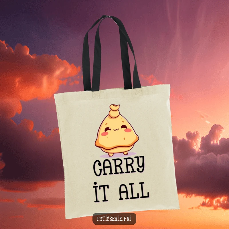 Funny samosa tote bag, mischievous, balancing a chickpea on nose, stylish and humorous, perfect for groceries.