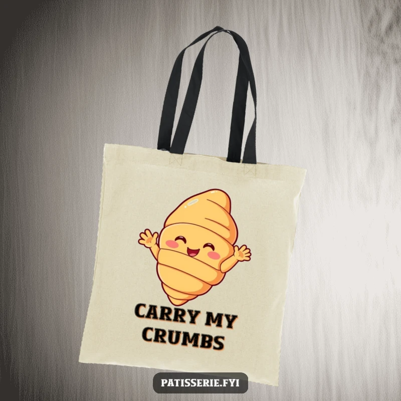 Funny croissant tote bag with a happily beaming pastry character enthusiastically waving hello, a practical and humorous accessory.
