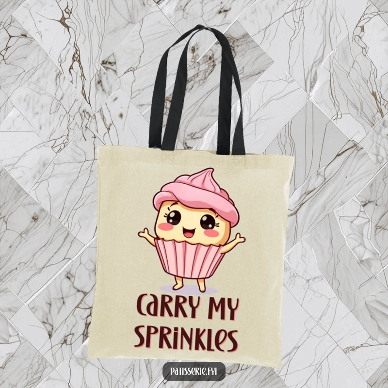 Funny giddy cupcake tote bag with a dancing dessert character with wide eyes, a humorous and practical accessory.