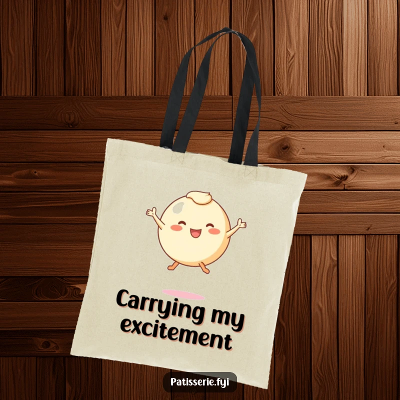 Funny tote bag with a round pastry character with tiny legs joyfully leaping mid-air, perfect for carrying goodies with a smile.