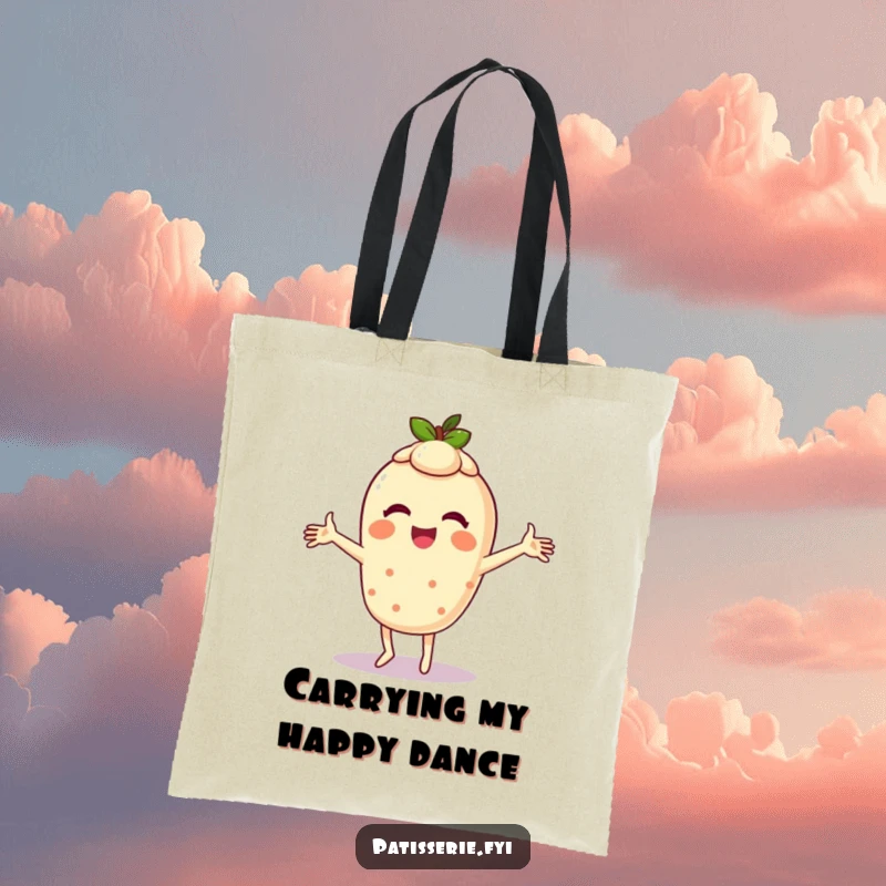 Funny tote bag showcasing a giggling tart character doing a silly dance with arms whirling, perfect for carrying goodies and giggles.
