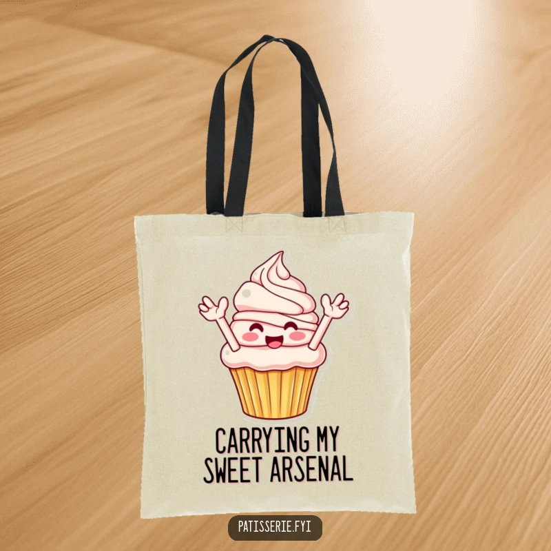 Funny Cupcake Tote Bag: A smiling cupcake flings frosting, perfect for carrying your sweet finds with humor.