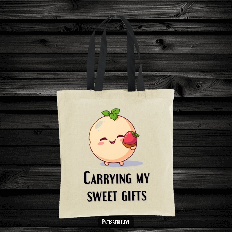 Funny macaron bird tote bag, winking macaron character, carrying tart, humorous food accessory, practical and sweet design.