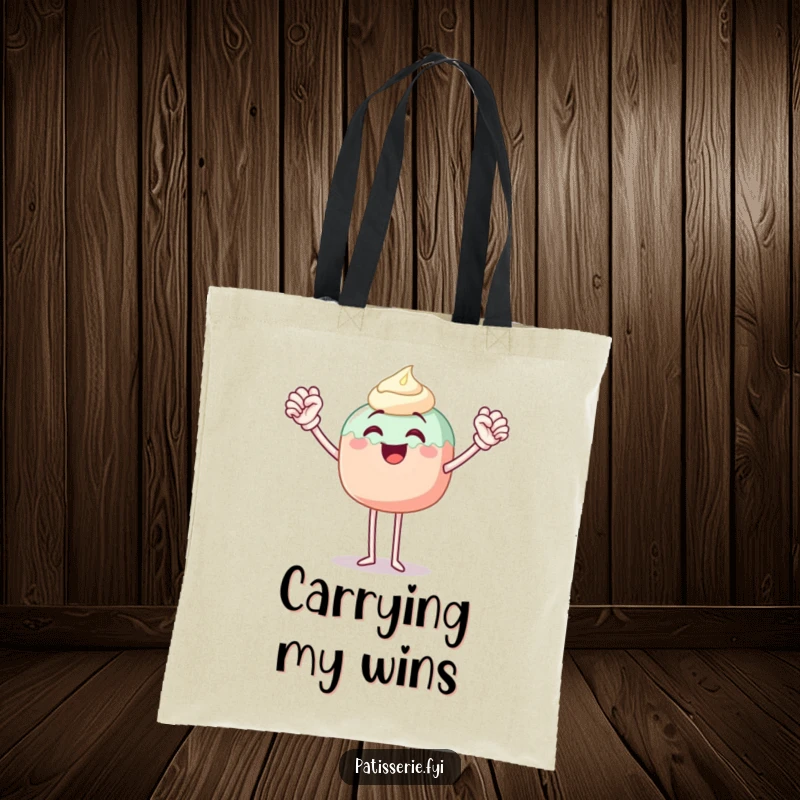 Funny tote bag with a joyful cake pop character, legs pumping the air in a triumphant fist, ready for any adventure.
