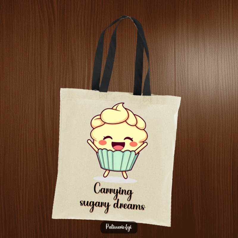 Funny cupcake tote bag depicting a smiling cupcake with frosting hair joyfully leaping.