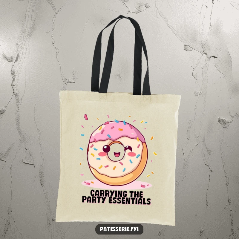 Funny donut tote bag illustrating a happy, sprinkle-covered pastry throwing confetti, a delightful and festive accessory.