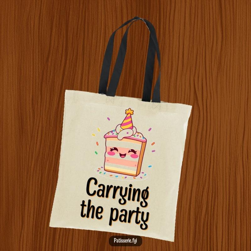 Funny tote bag with a smiling slice of cake in a party hat juggling sprinkles, perfect for carrying fun items.