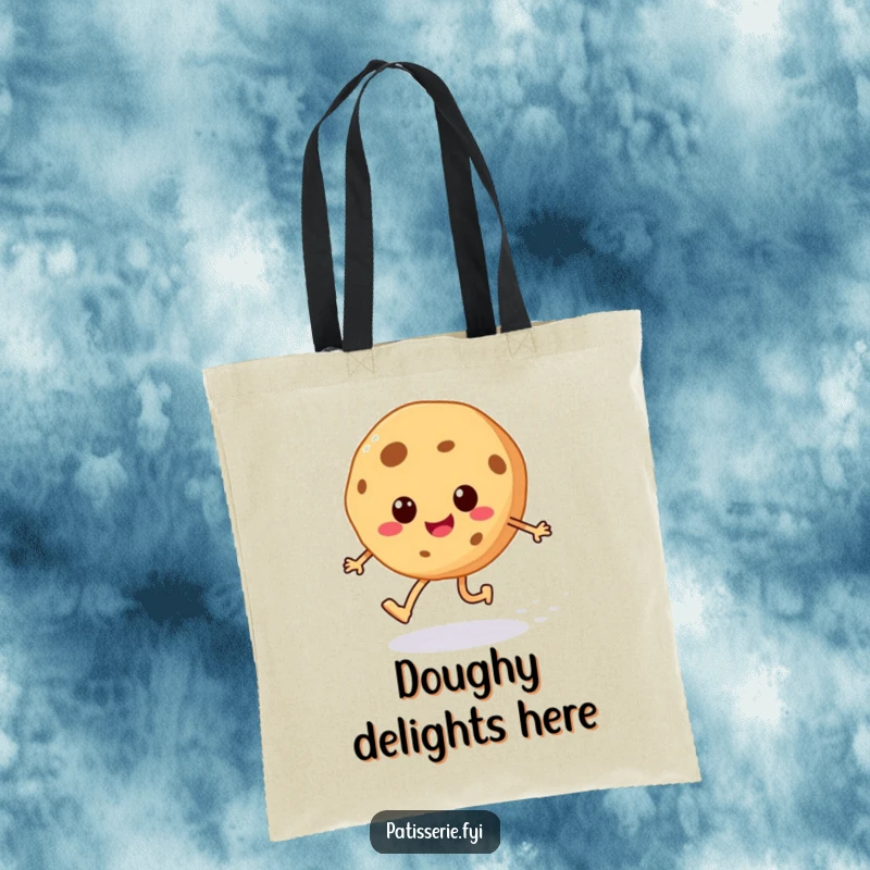 Funny cheerful cookie tote bag with a happy skipping character leaving a sugar sprinkle trail, a fun and practical accessory.