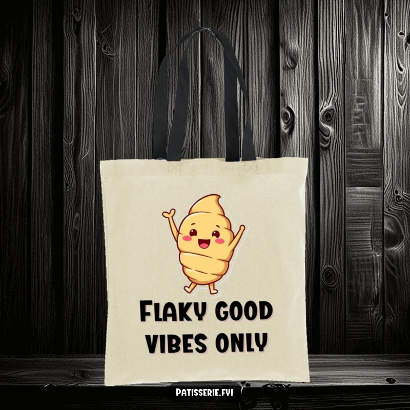 Funny tote bag showcasing a smiling croissant character joyfully jumping with one celebratory arm raised, perfect for carrying treats.