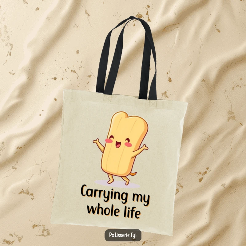 Funny baguette tote bag featuring a cheerful character doing a silly little jig, perfect for carrying items with a smile.