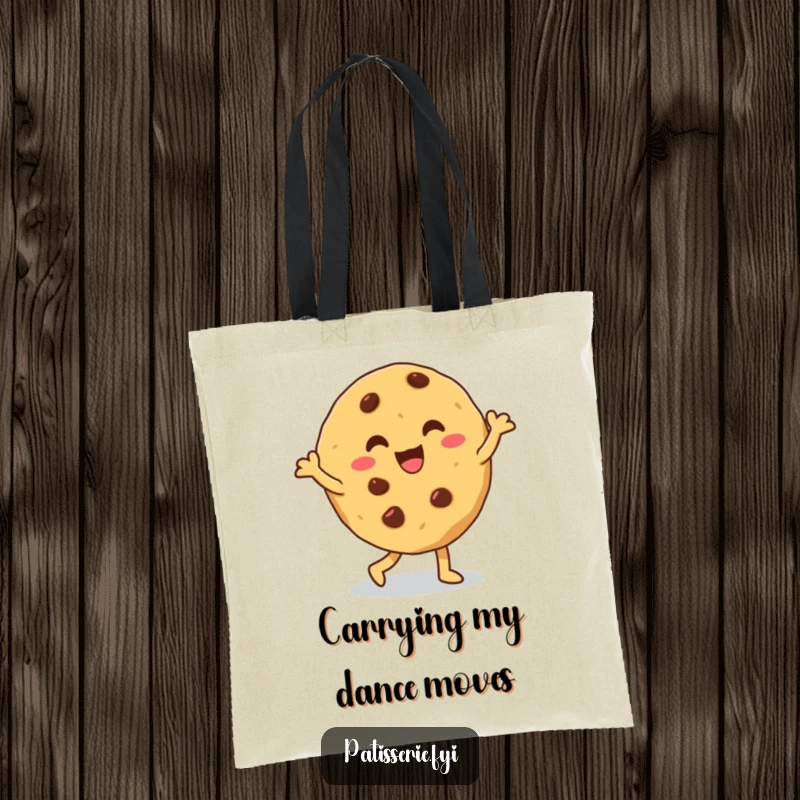 Funny cookie tote bag illustrating a giddy, chocolate chip cookie doing a silly dance, a delightful and humorous accessory.